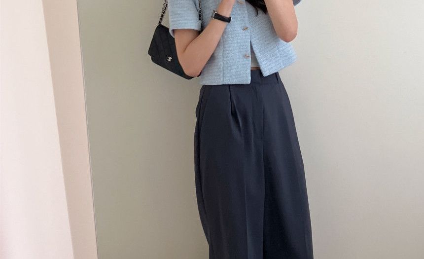 Short Sleeve Round Neck Tweed Blazer