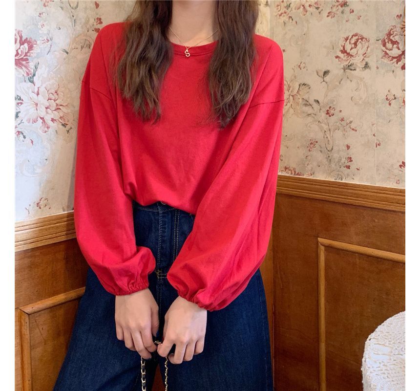 Balloon Neck T-Shirt Round Plain Sleeve