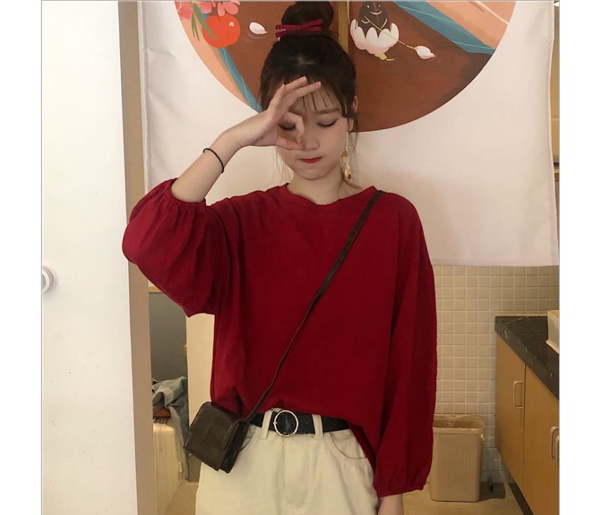 Balloon Neck T-Shirt Round Plain Sleeve