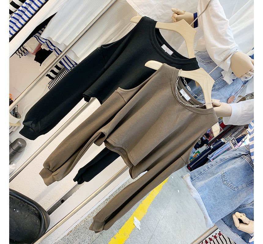 Tee Crop Long-Sleeve Plain Cold Shoulder