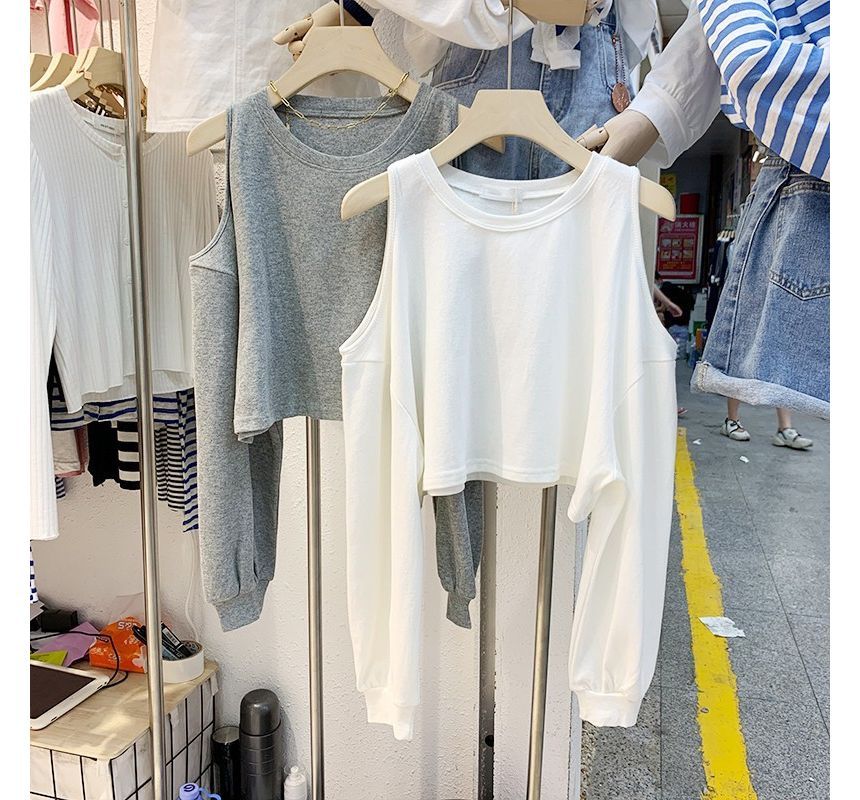 Tee Crop Long-Sleeve Plain Cold Shoulder