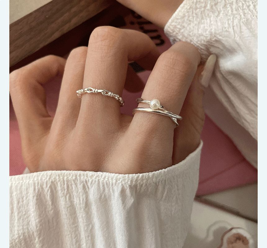 Faux Pearl Layered / Chain Sterling Silver Open Ring