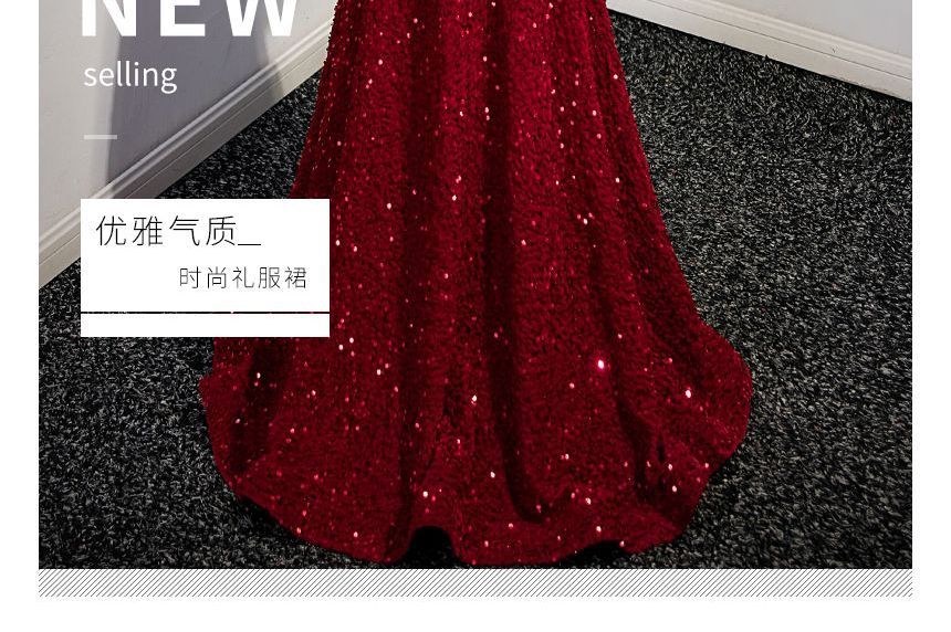 Puff-Sleeve V-Neck Bow Sequined A-Line Evening Gown