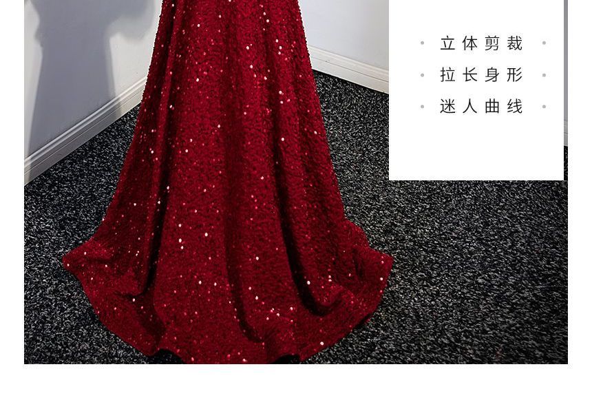 Puff-Sleeve V-Neck Bow Sequined A-Line Evening Gown