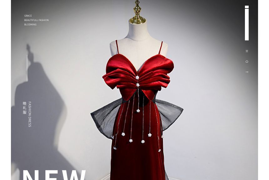 Spaghetti Strap Bow Rhinestone Mermaid Evening Gown