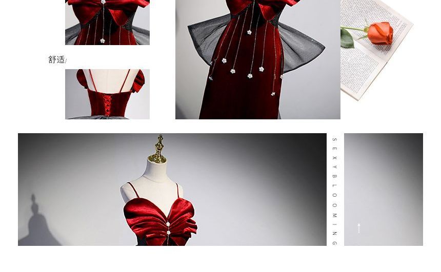 Spaghetti Strap Bow Rhinestone Mermaid Evening Gown