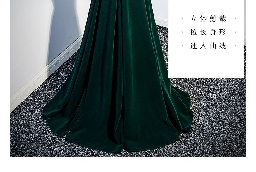 Puff-Sleeve Square Neck Plain Flower Detail A-Line Evening Gown