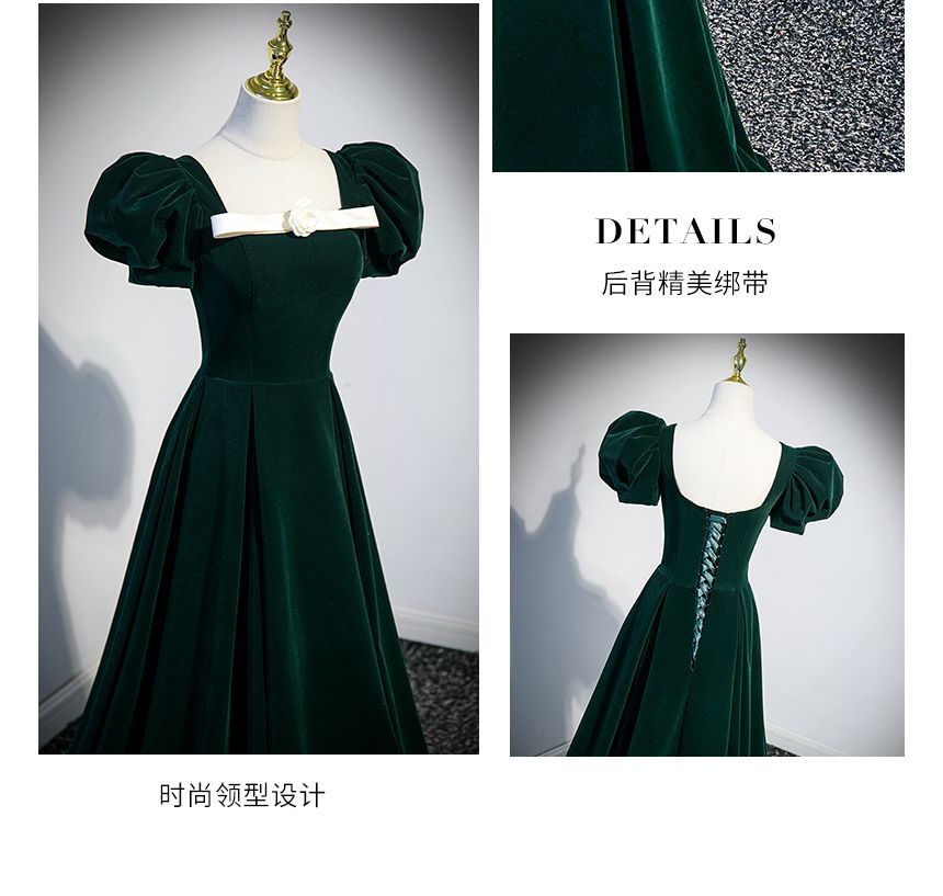 Puff-Sleeve Square Neck Plain Flower Detail A-Line Evening Gown