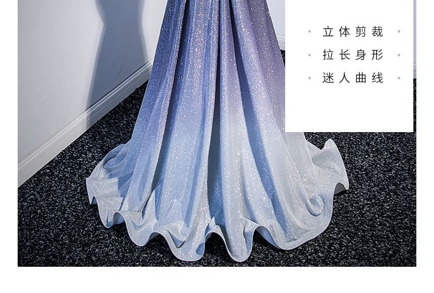 Off-Shoulder Gradient Glitter A-Line Evening Gown