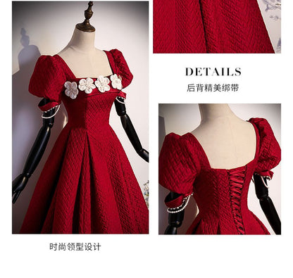 Puff-Sleeve Square Neck Plain Flower Applique A-Line Evening Gown