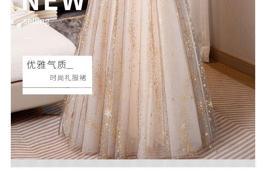 Long-Sleeve Off-Shoulder Two Tone Sequin A-Line Evening Gown