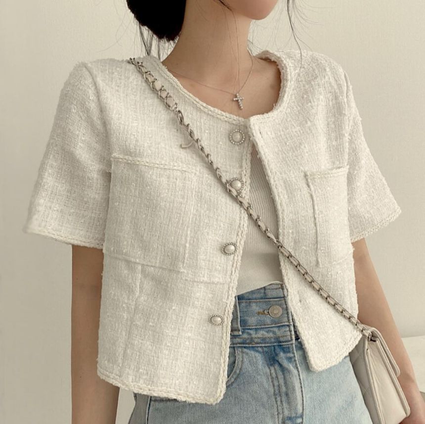 Short Sleeve Faux Pearl Button Tweed Blazer