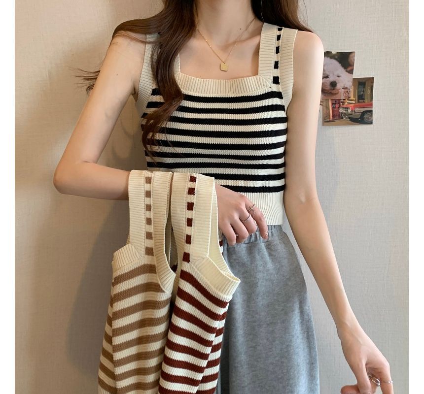 Striped Neck Top Square Crop Tank