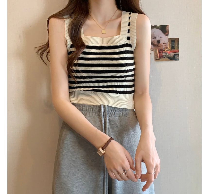 Striped Neck Top Square Crop Tank