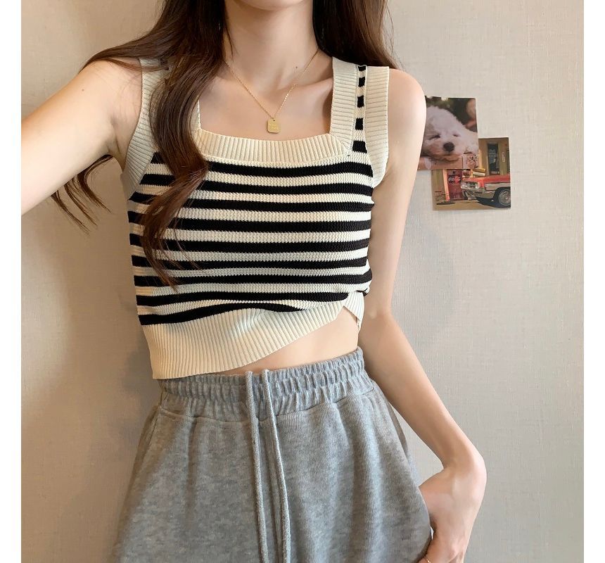 Striped Neck Top Square Crop Tank