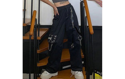 High Waist Lettering Embroidered Loose-Fit Wide-Leg Cargo Pants