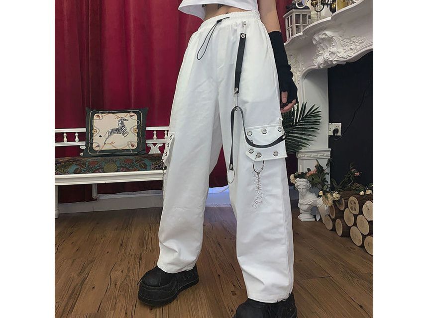 High Waist Lettering Embroidered Loose-Fit Wide-Leg Cargo Pants