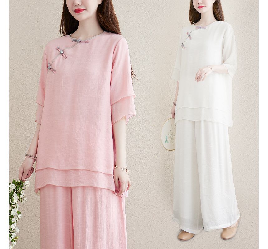 Set: 3/4-Sleeve Plain Frog Buttoned Cheongsam Top + High Rise Plain Wide Leg Pants