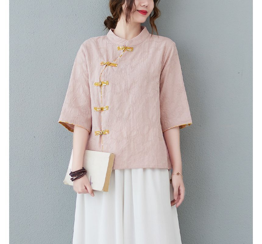 Short-Sleeve Frog Buttoned Plain Cheongsam Top