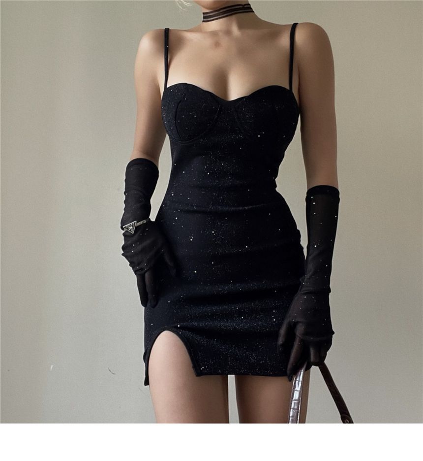 Mini Spaghetti Gloves Rhinestone Long + Neckline Sweetheart Strap Dress Bodycon Set: