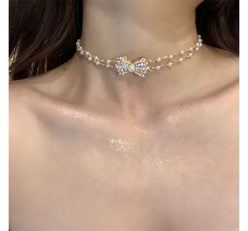 Bow Layered Choker Faux Pearl Alloy