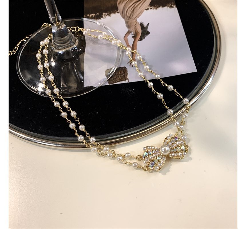 Bow Layered Choker Faux Pearl Alloy