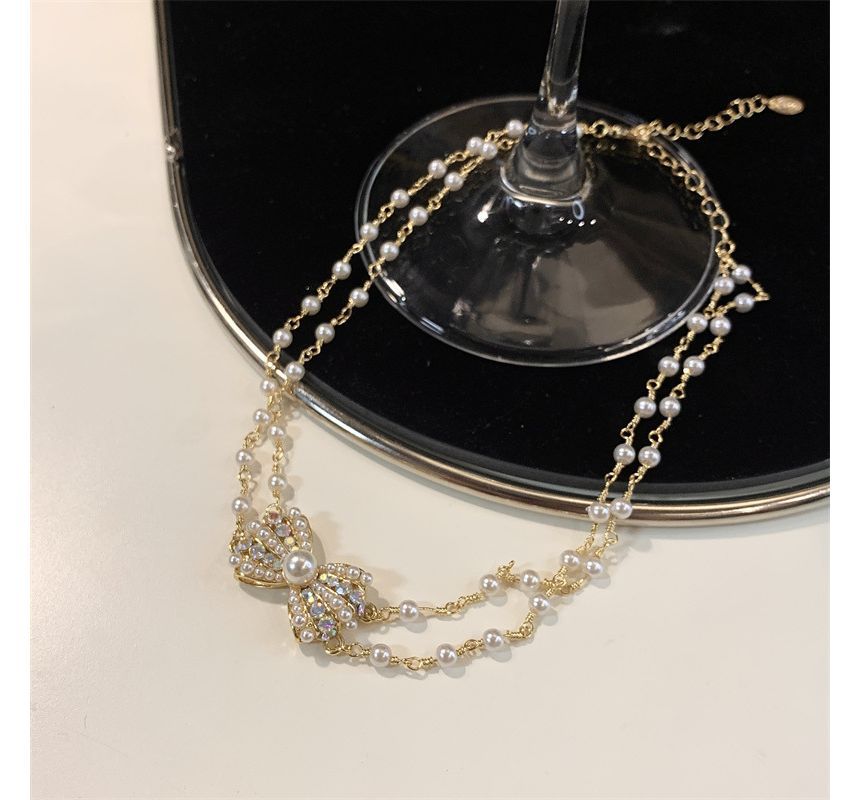 Bow Layered Choker Faux Pearl Alloy