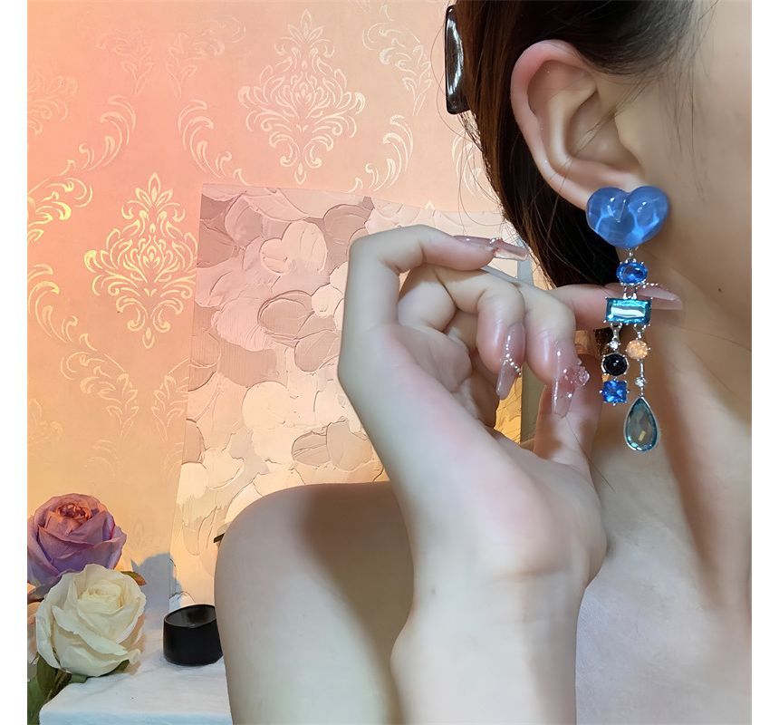 Earring Rhinestone Fringed Heart Alloy