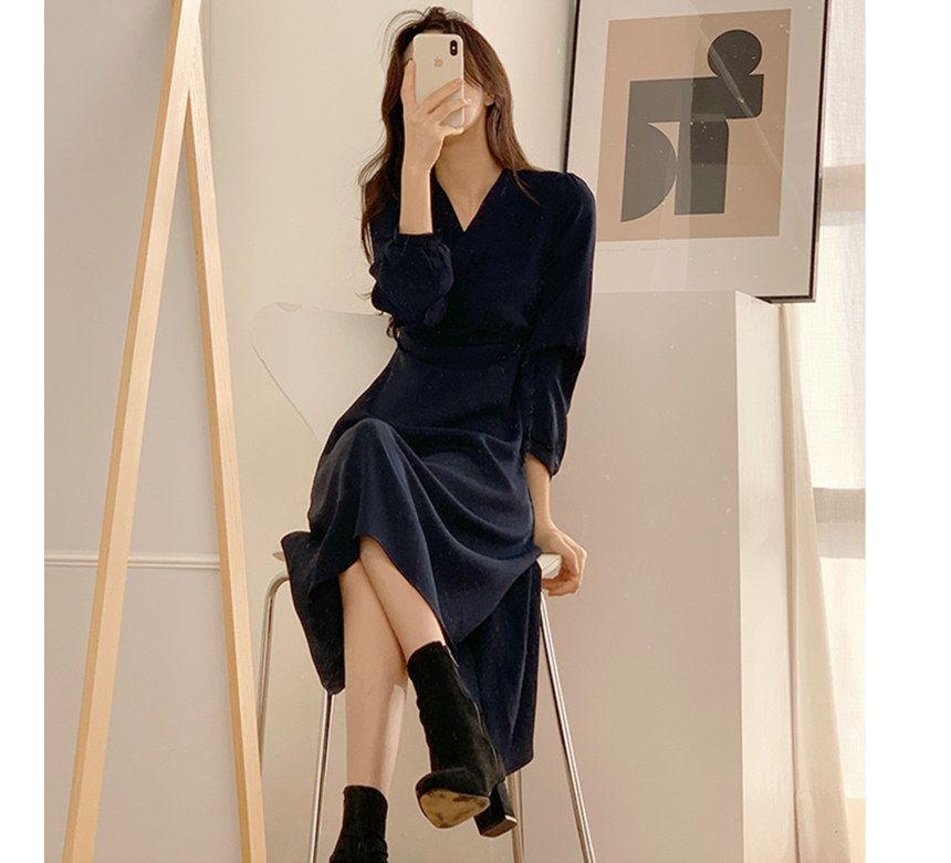 Long-Sleeve V-Neck Wrap Plain Midi Dress