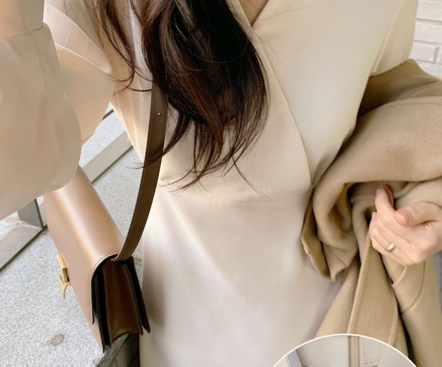 Long-Sleeve V-Neck Wrap Plain Midi Dress