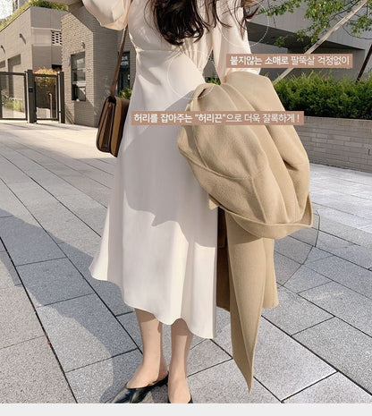 Long-Sleeve V-Neck Wrap Plain Midi Dress