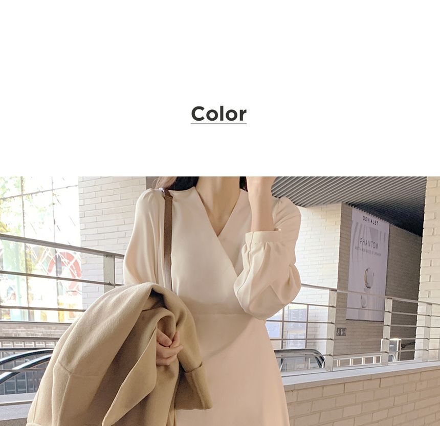 Long-Sleeve V-Neck Wrap Plain Midi Dress