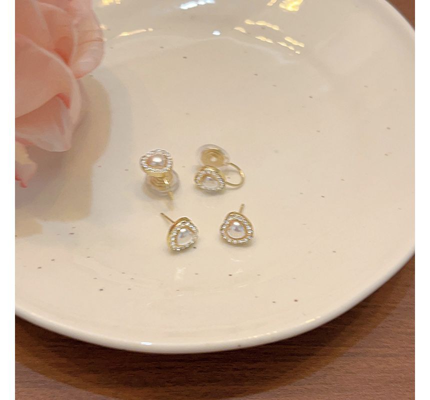 / Pearl Rhinestone Stud Faux Earring Clip-On Heart