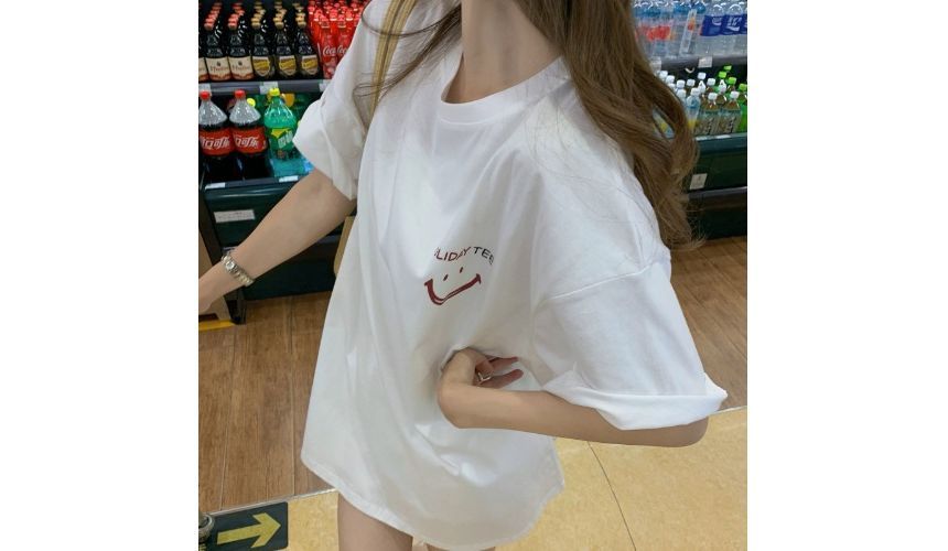 Short-Sleeve Crew Tee Face Smiley Print Neck Tunic