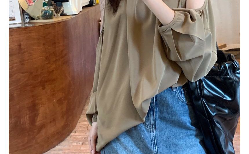 Long-Sleeve Cold Shoulder Plain Gathered Top