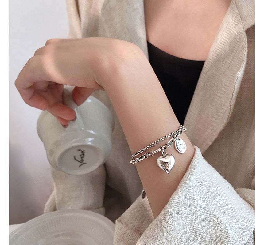 Heart Lettering Pendant Layered Alloy Bracelet