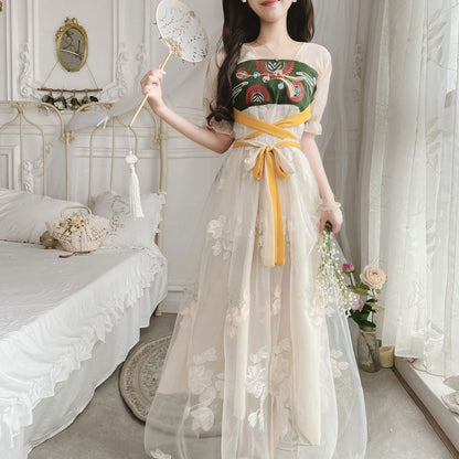 Short-Sleeve Embroidered Panel Mesh Hanfu Dress