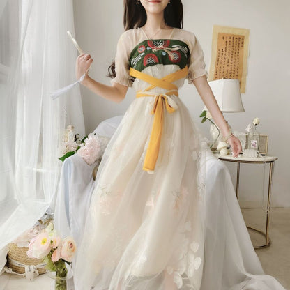 Short-Sleeve Embroidered Panel Mesh Hanfu Dress