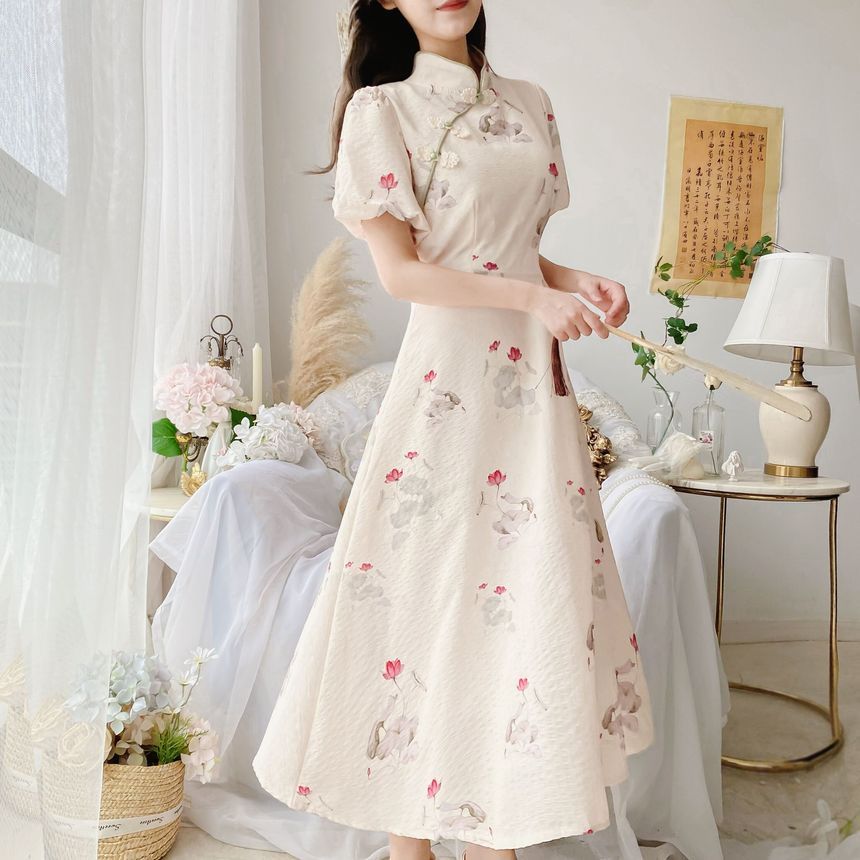 Puff Sleeve Mandarin Collar Floral Print Midi A-Line Dress