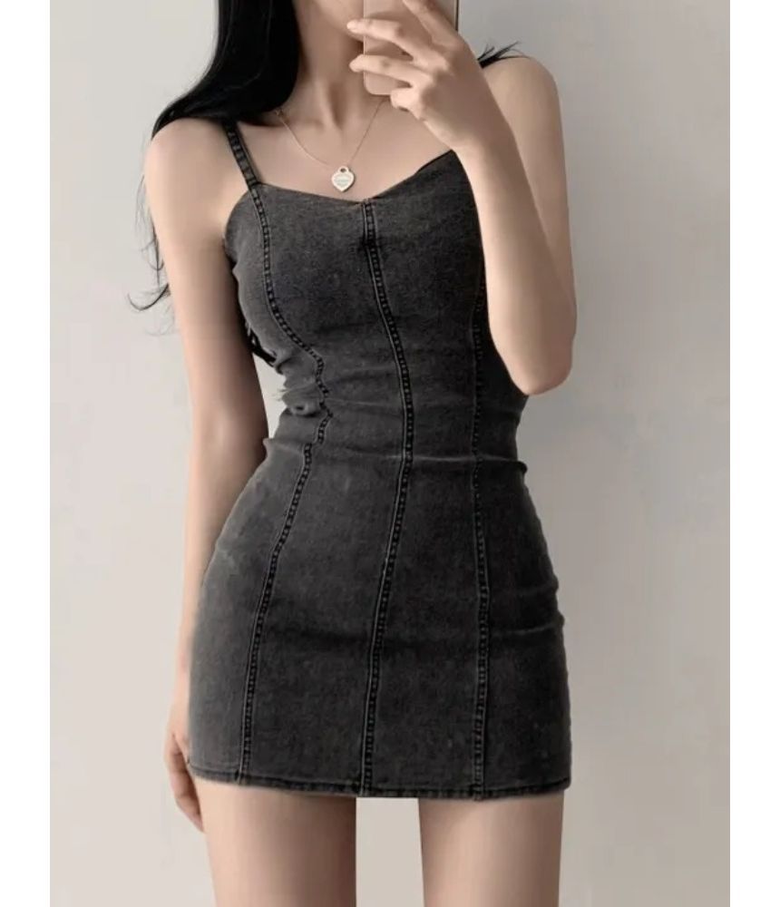 Spaghetti Strap Plain Denim Mini Bodycon Dress