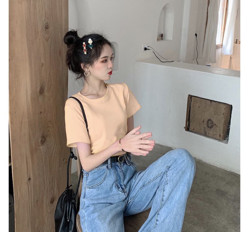 Neck Plain T-Shirt Short-Sleeve Crew