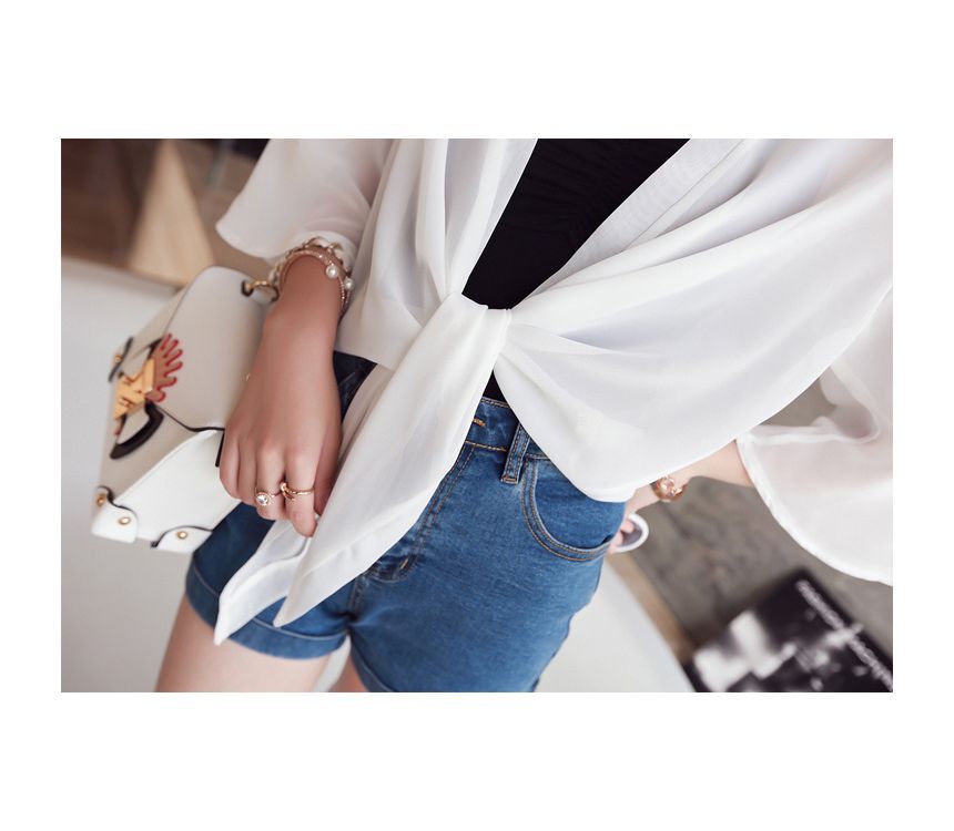 Jacket Front Crop Elbow-Sleeve Tie Chiffon Plain