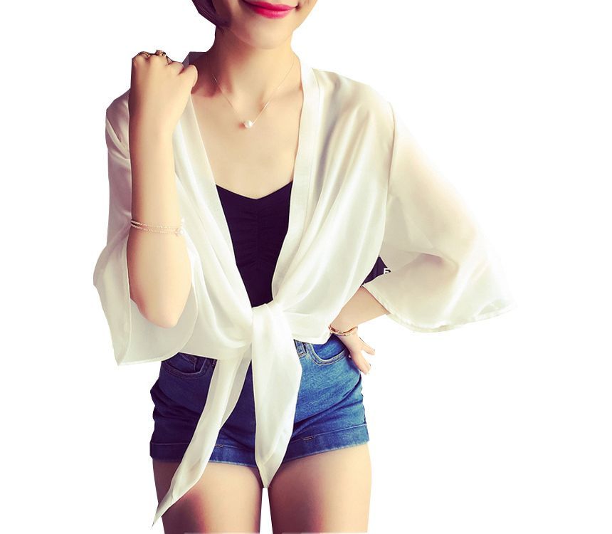 Jacket Front Crop Elbow-Sleeve Tie Chiffon Plain