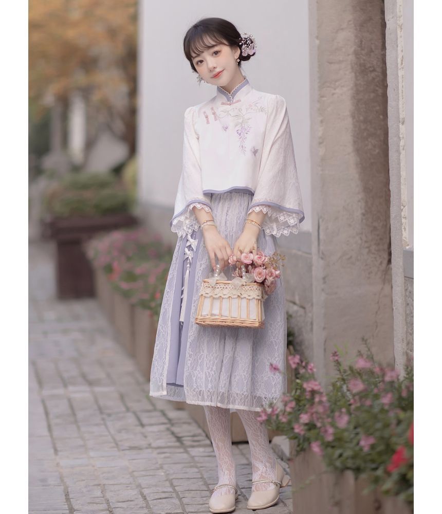 Lolita 3/4-Sleeve Qipao Top / High Rise Overlay Midi A-Line Skirt / Set