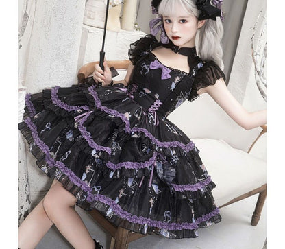 Lolita Cap-Sleeve Mesh Tiered A-Line Dress