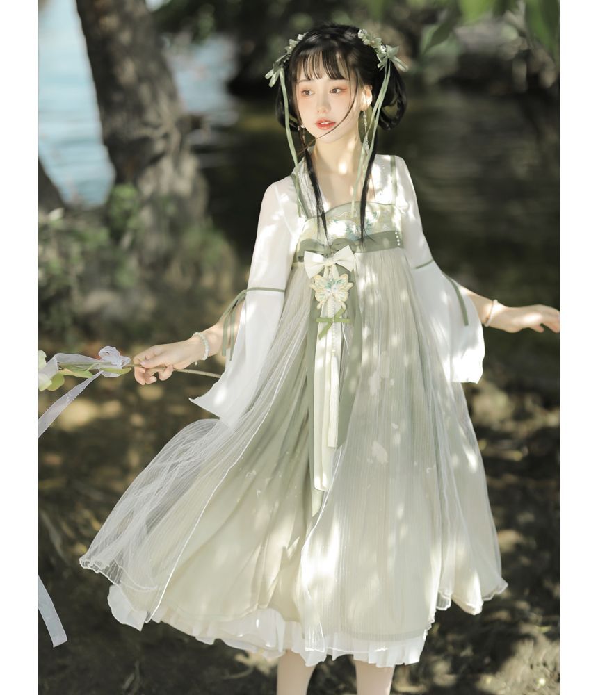 Traditional Chinese Wide-Sleeve Top / Sleeveless Mesh Dress / Set