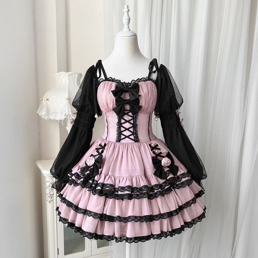 Lolita Long-Sleeve Lace-Up Waist Tiered A-Line Dress