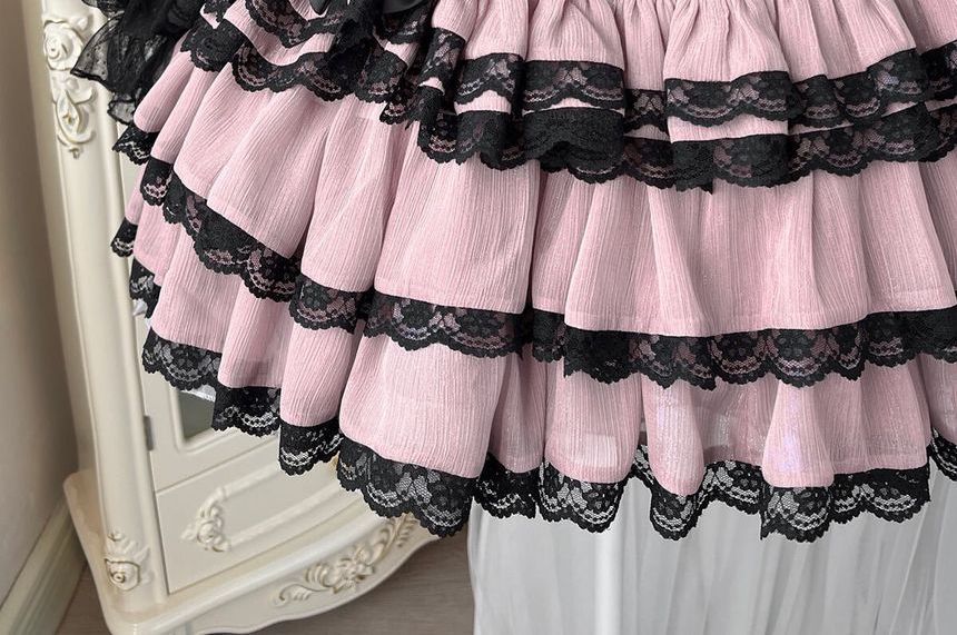 Lolita Long-Sleeve Lace-Up Waist Tiered A-Line Dress