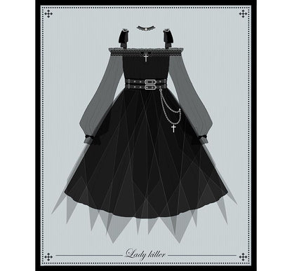 Lolita Long-Sleeve Off Shoulder Top / High Waist A-Line Skirt / Lace Socks (Various Designs)