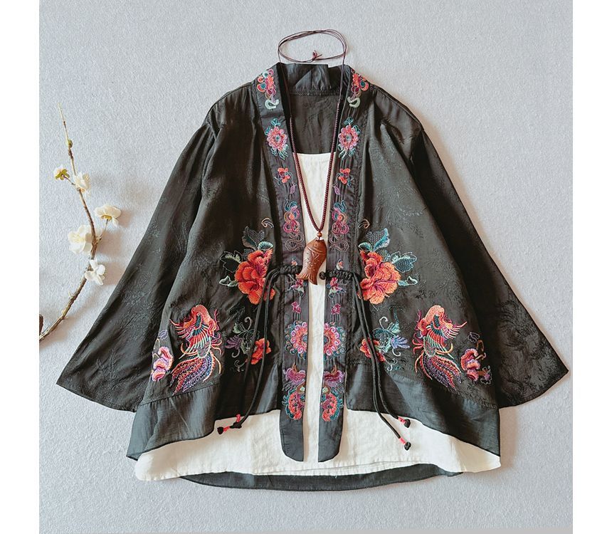 Flower Embroidered Open Front Jacket